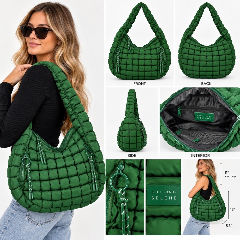 Sol and Selene Revive Hobo Bag Emerald Green Puffy Quilted Nylon NWT